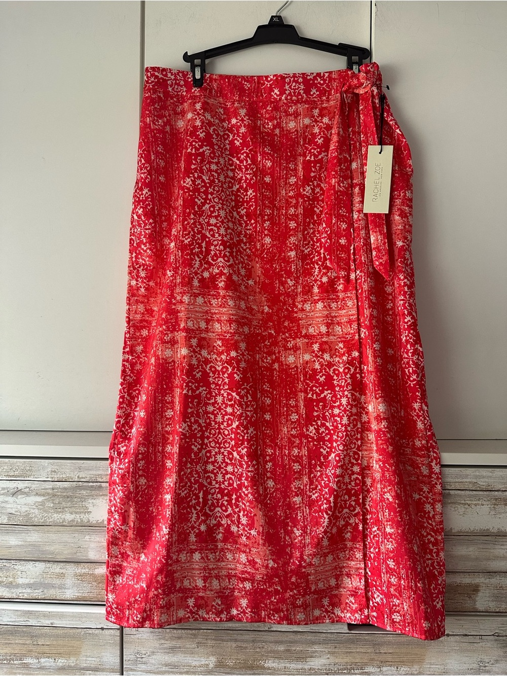❤️ Rachel Zoe Red White Print Faux Wrap Maxi Skirt Tie Waist NWT Size L